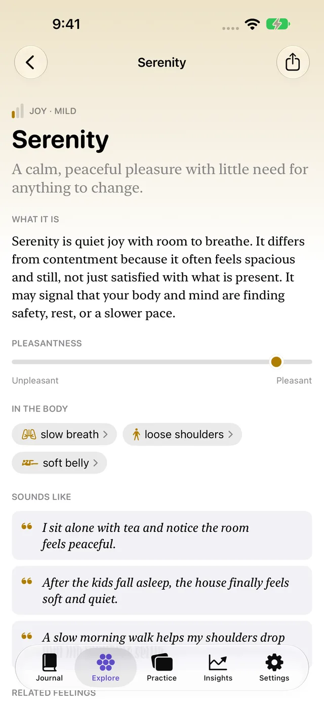 Feelory's Serenity definition, with everyday examples and body sensations in the emotion explorer.